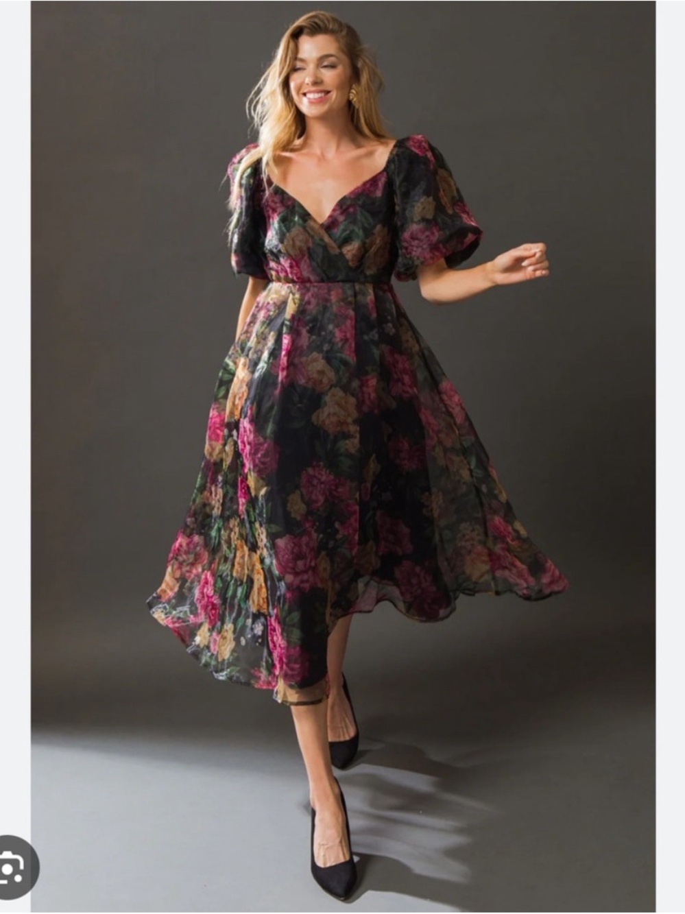 Flying Tomato 🍅 Floral Puff-Sleeve Midi Dress in Black with Pink & Green Blooms